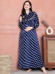 Secret Wish Blue Polka Dot Woolen Winter Maternity Nighty