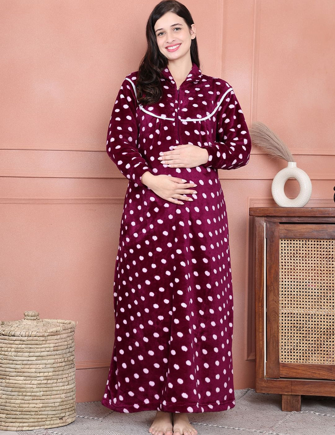 Purple Polka Dot Woolen Winter Maternity Nighty