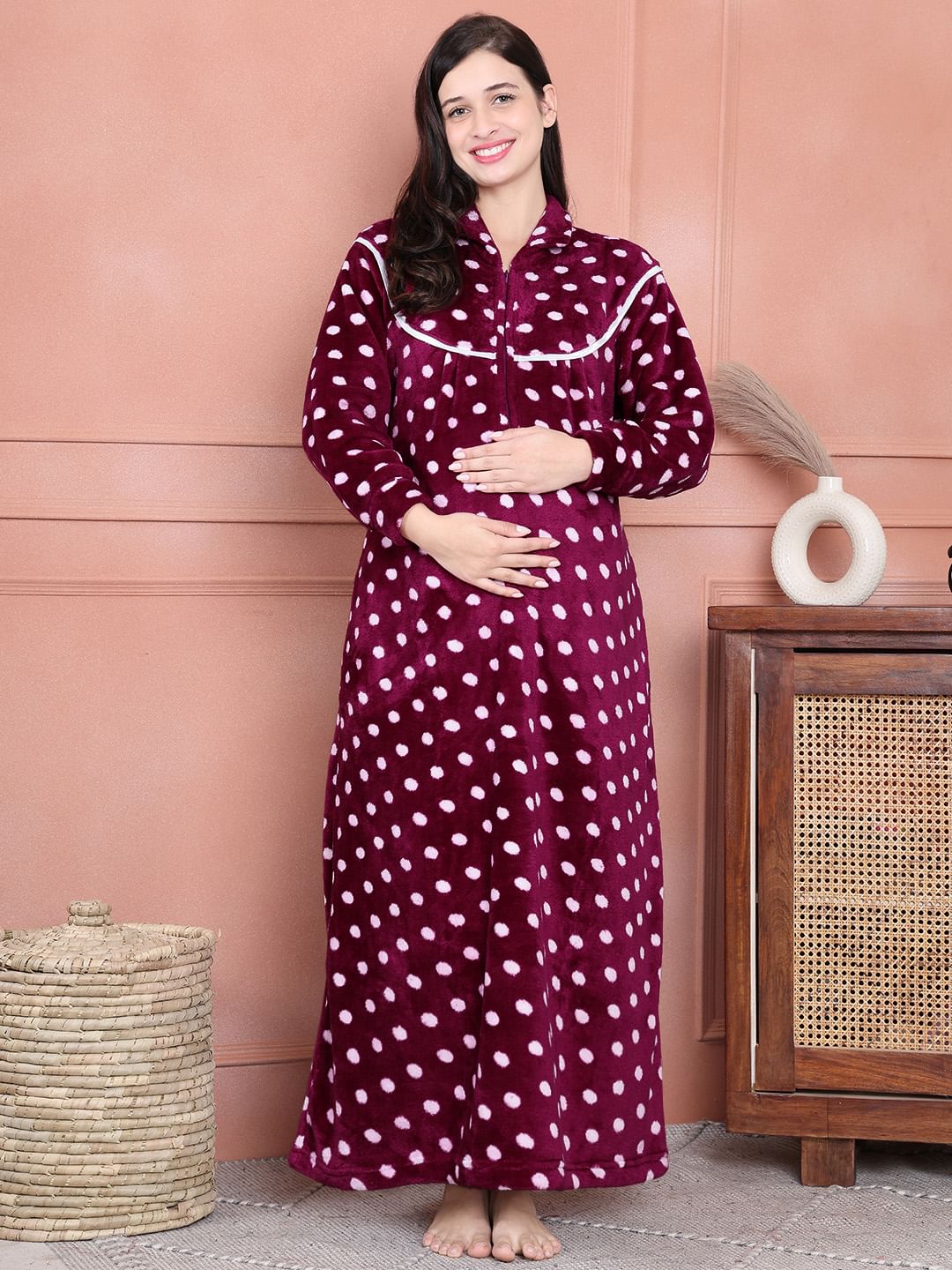 Secret Wish Purple Polka Dot Woolen Winter Maternity Nighty