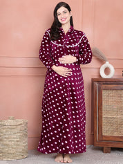 Secret Wish Purple Polka Dot Woolen Winter Maternity Nighty
