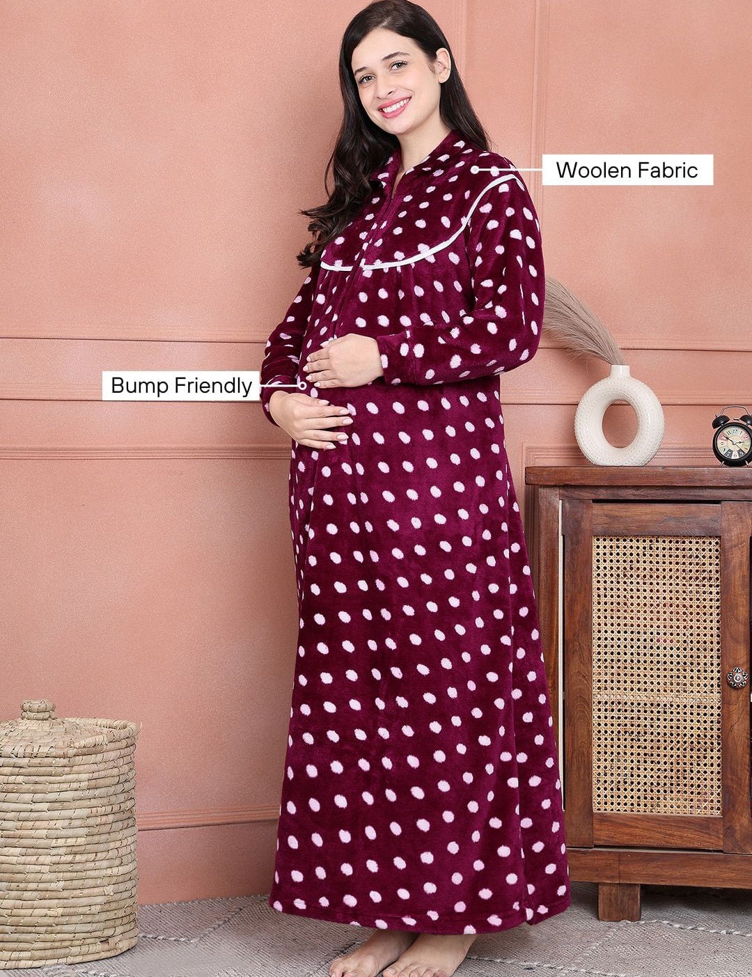 Purple Polka Dot Woolen Winter Maternity Nighty