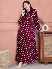 Secret Wish Purple Polka Dot Woolen Winter Maternity Nighty