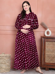 Secret Wish Purple Polka Dot Woolen Maternity Nighty Full Length with Hoodie