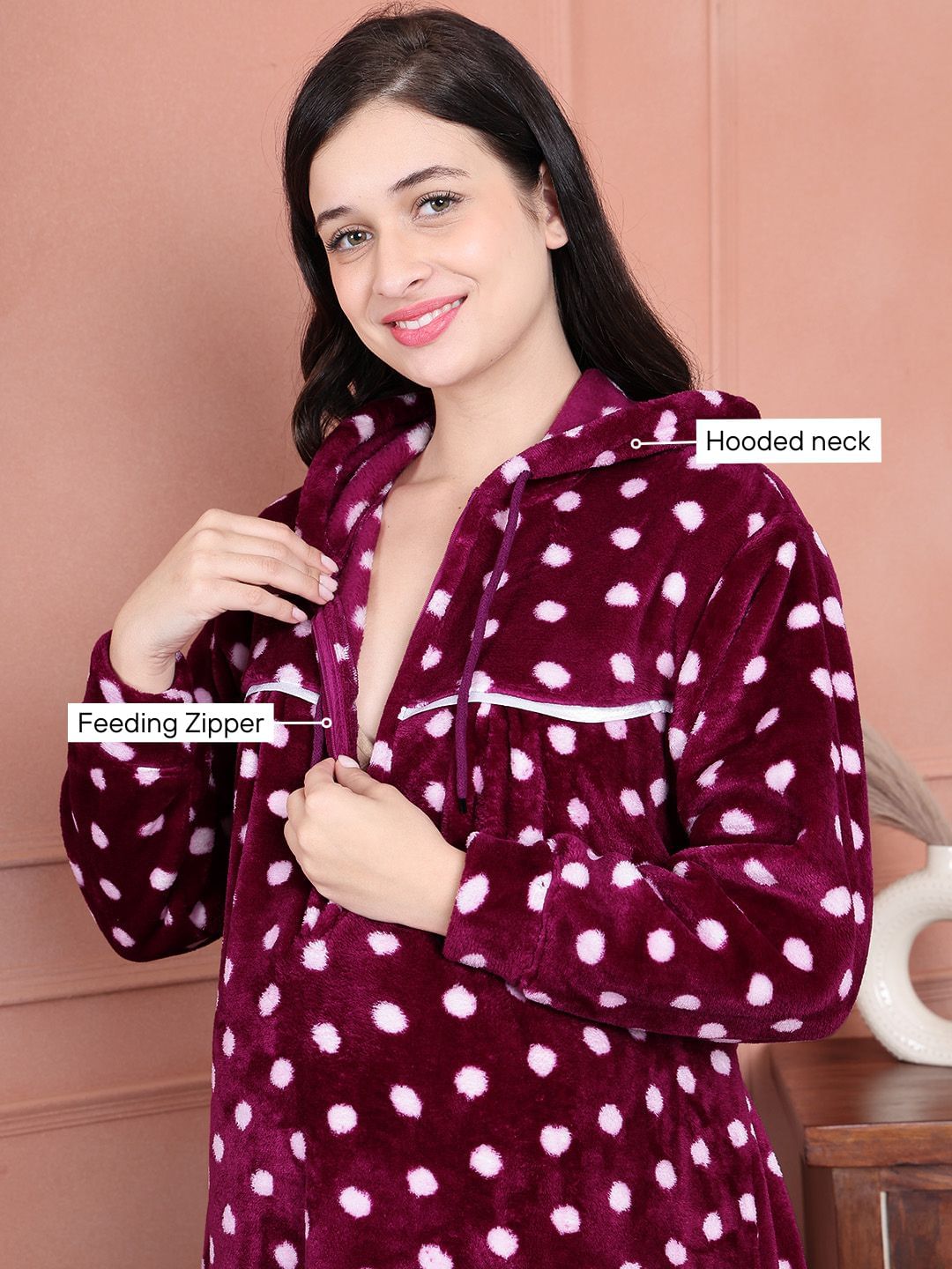 Secret Wish Purple Polka Dot Woolen Maternity Nighty Full Length with Hoodie