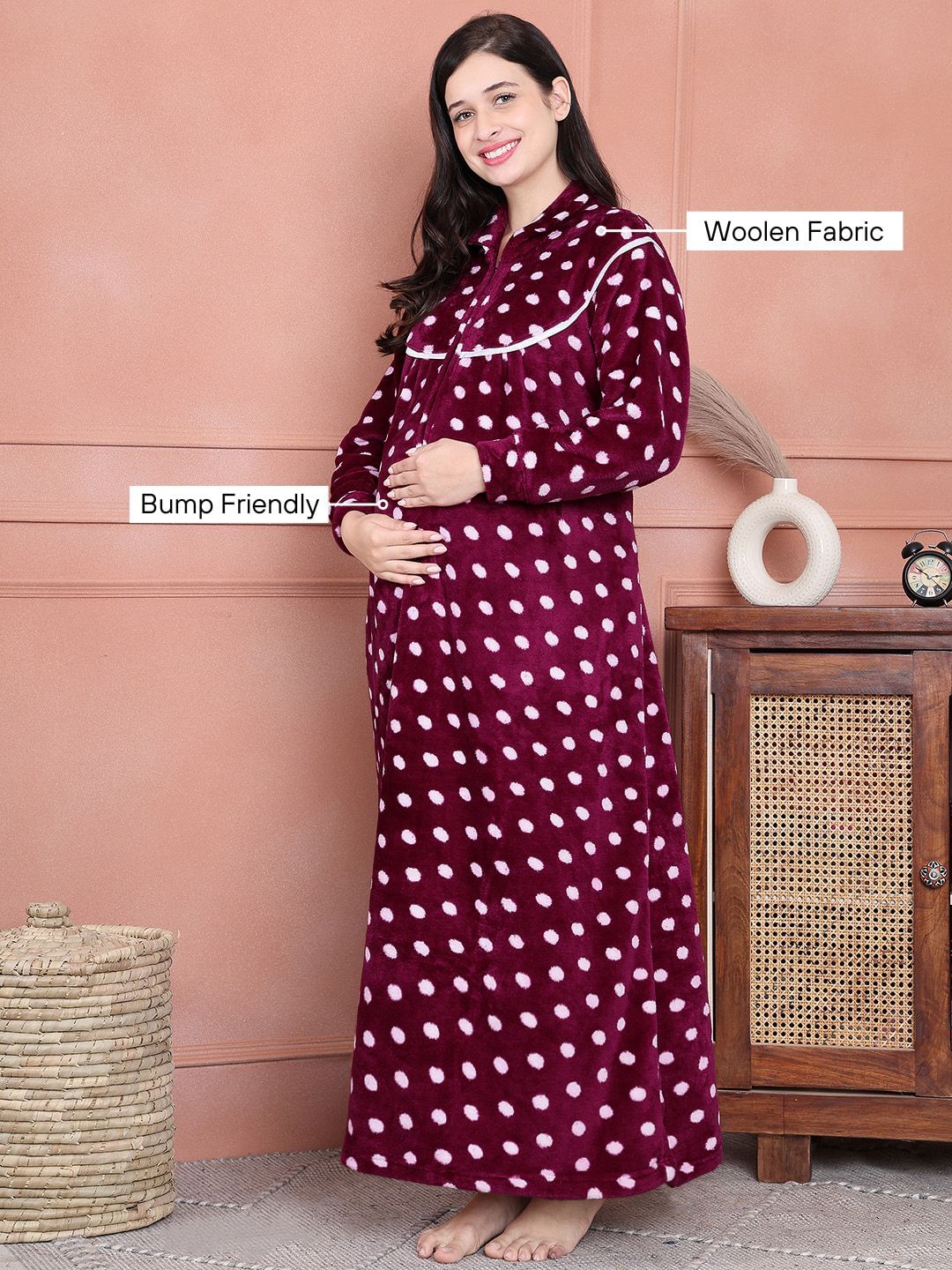 Secret Wish Purple Polka Dot Woolen Maternity Nighty Full Length with Hoodie
