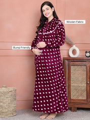 Secret Wish Purple Polka Dot Woolen Maternity Nighty Full Length with Hoodie
