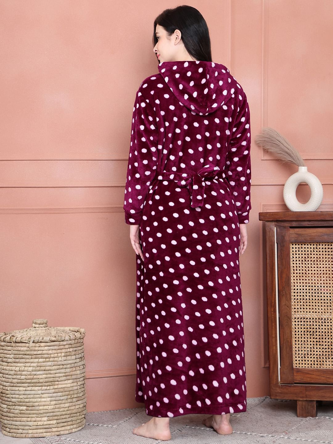 Secret Wish Purple Polka Dot Woolen Maternity Nighty Full Length with Hoodie