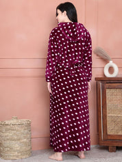 Secret Wish Purple Polka Dot Woolen Maternity Nighty Full Length with Hoodie
