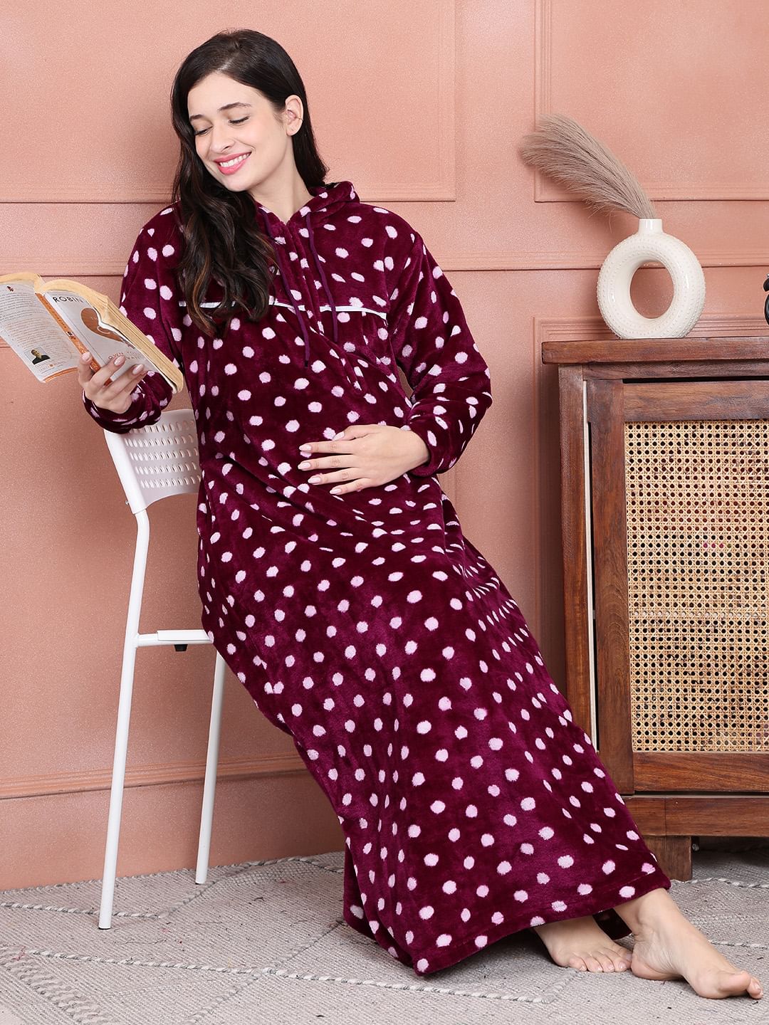Secret Wish Purple Polka Dot Woolen Maternity Nighty Full Length with Hoodie