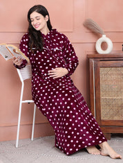 Secret Wish Purple Polka Dot Woolen Maternity Nighty Full Length with Hoodie