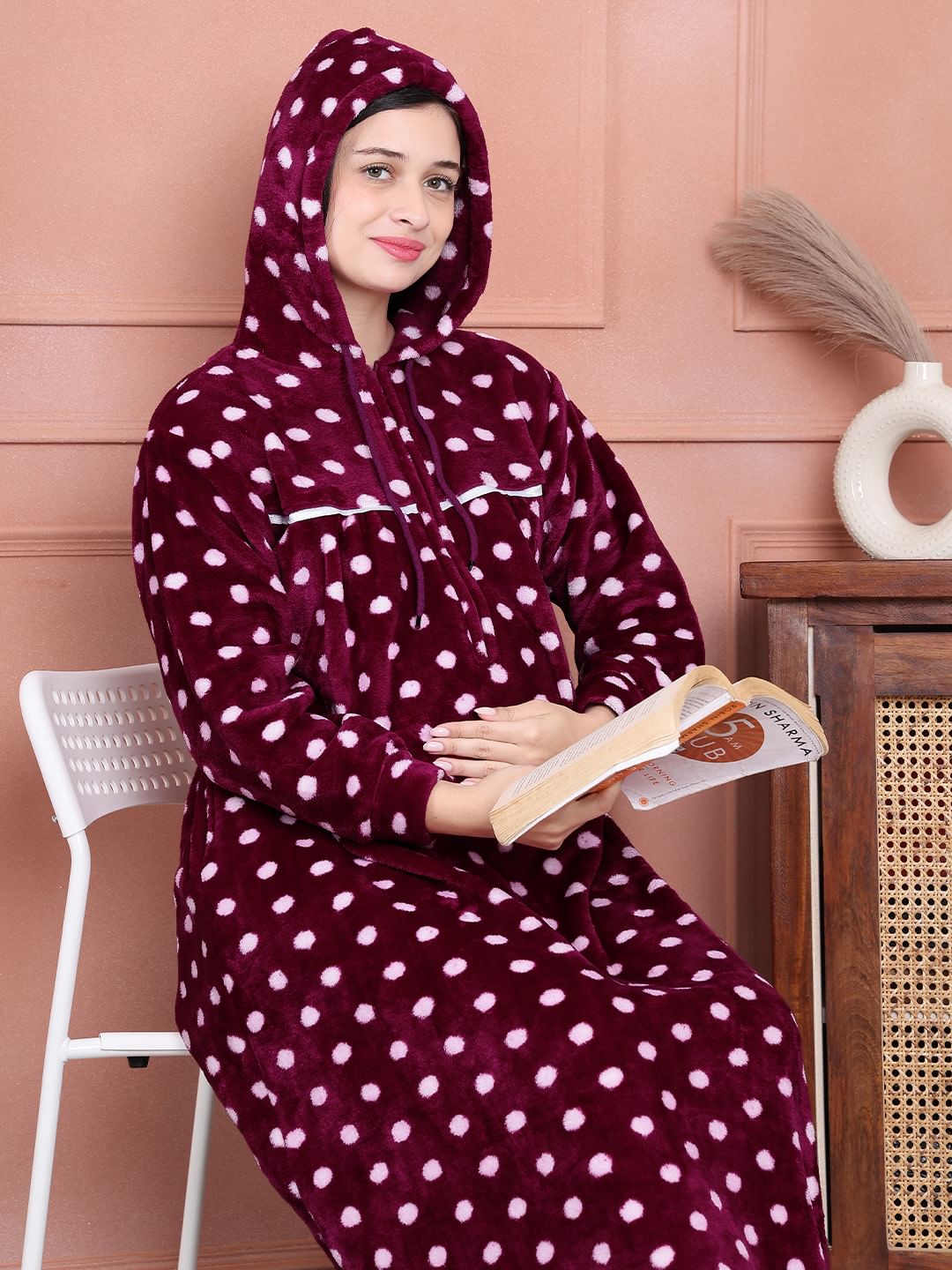 Secret Wish Purple Polka Dot Woolen Maternity Nighty Full Length with Hoodie