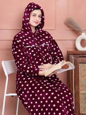 Secret Wish Purple Polka Dot Woolen Maternity Nighty Full Length with Hoodie