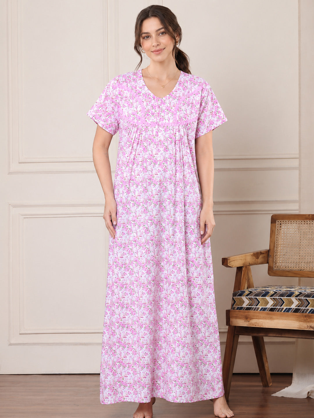 Pink Floral Pure Cotton Nighty