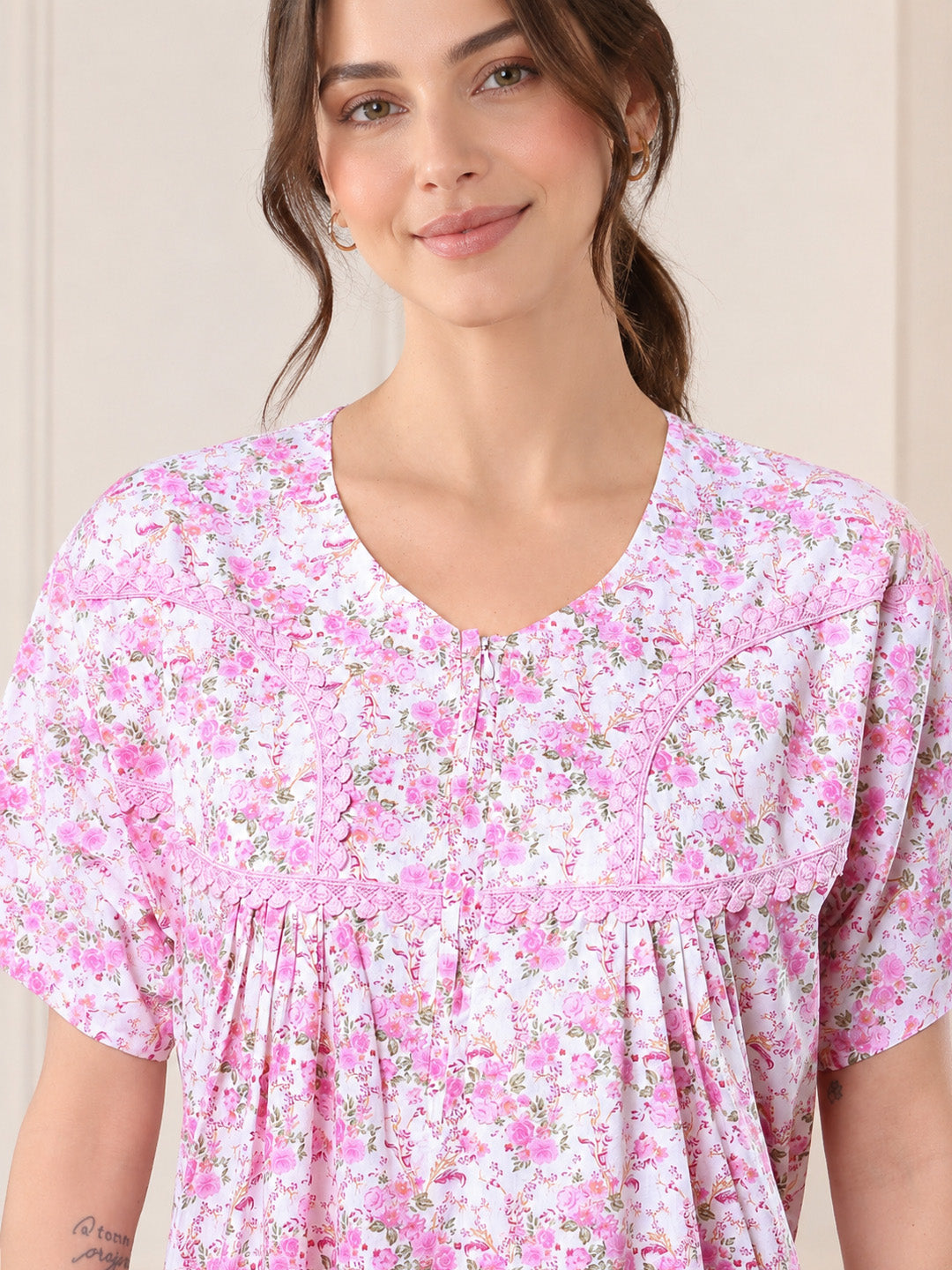 Pink Floral Pure Cotton Nighty