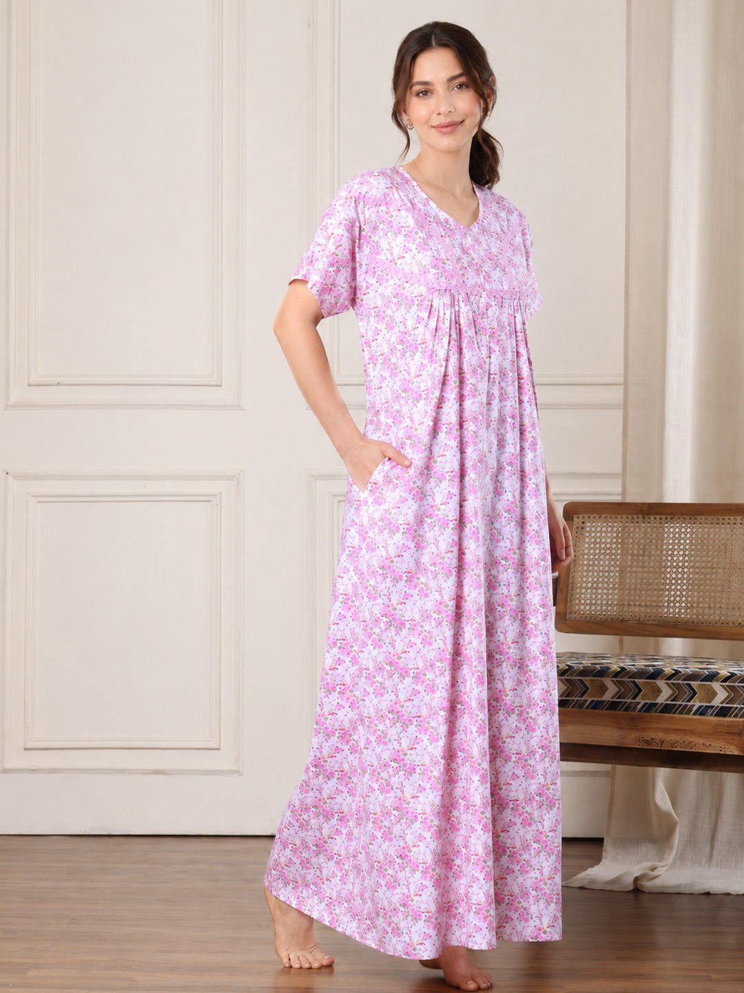 Pink Floral Pure Cotton Nighty