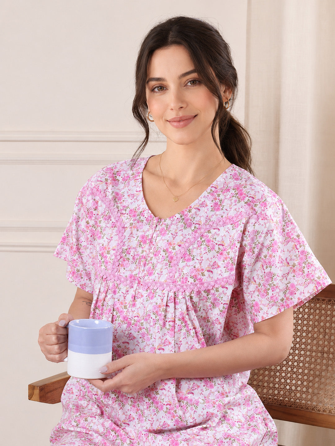 Pink Floral Pure Cotton Nighty