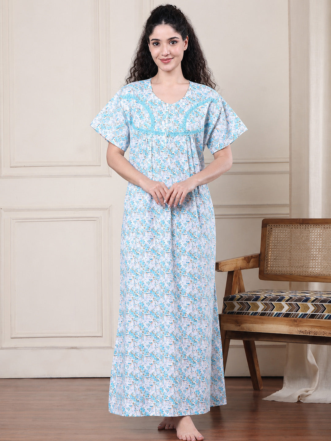 Blue Floral Pure Cotton Nighty