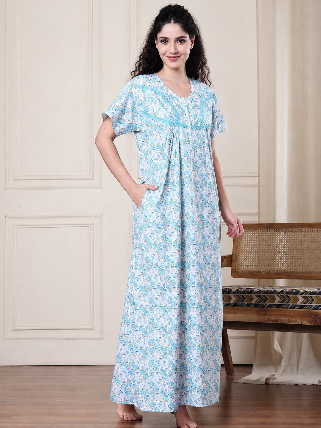 Blue Floral Pure Cotton Nighty