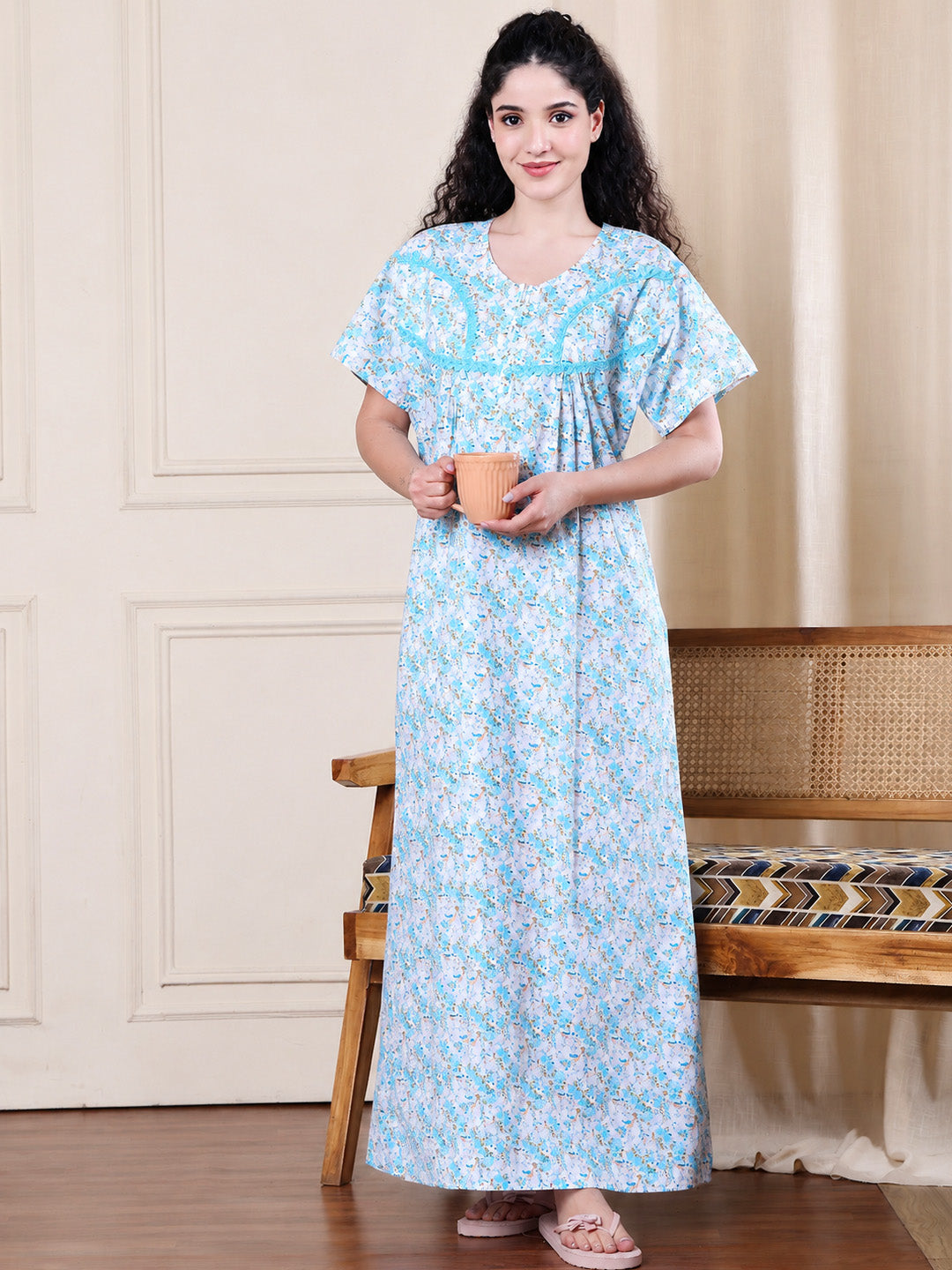 Blue Floral Pure Cotton Nighty
