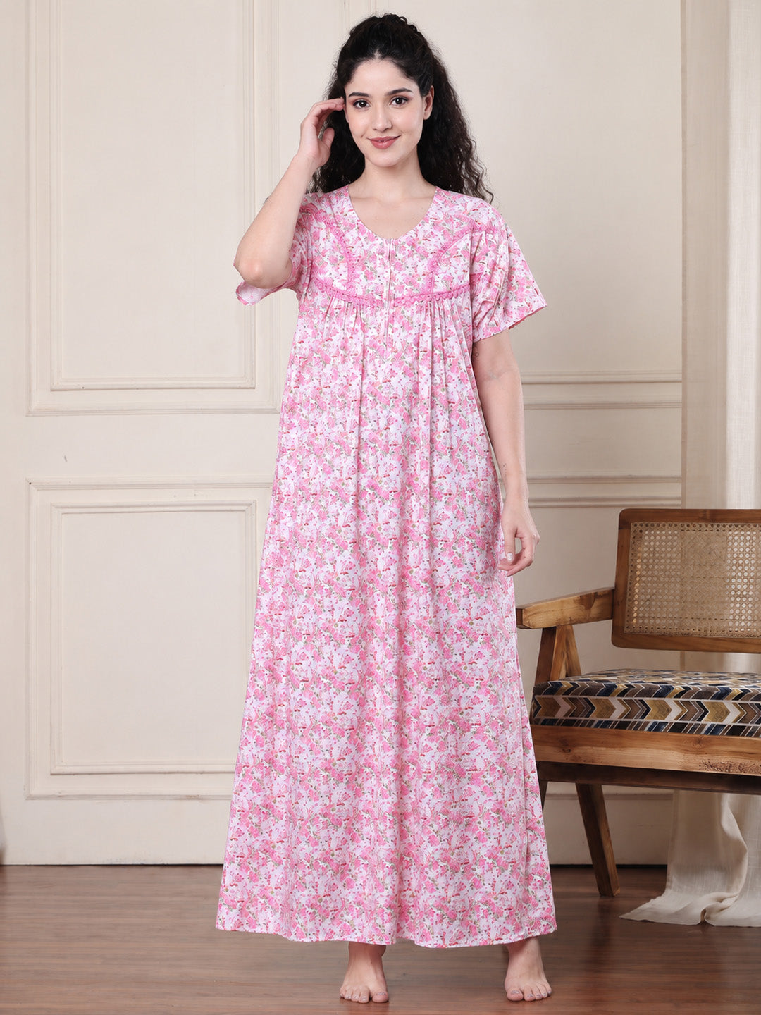 Pink Floral Pure Cotton Nighty
