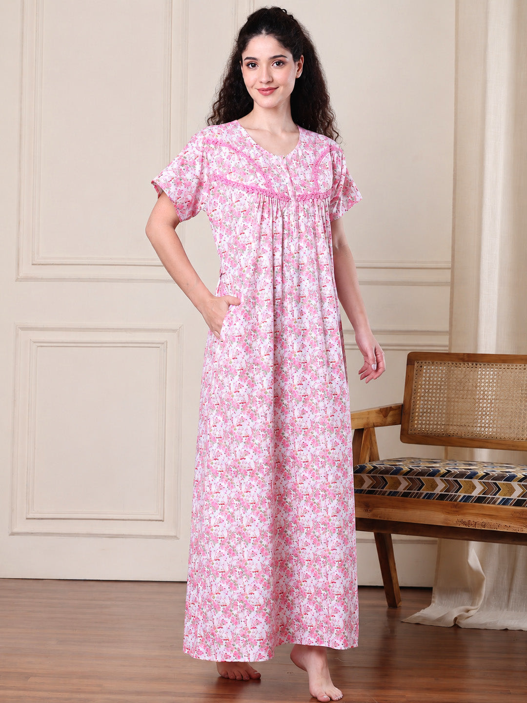 Pink Floral Pure Cotton Nighty