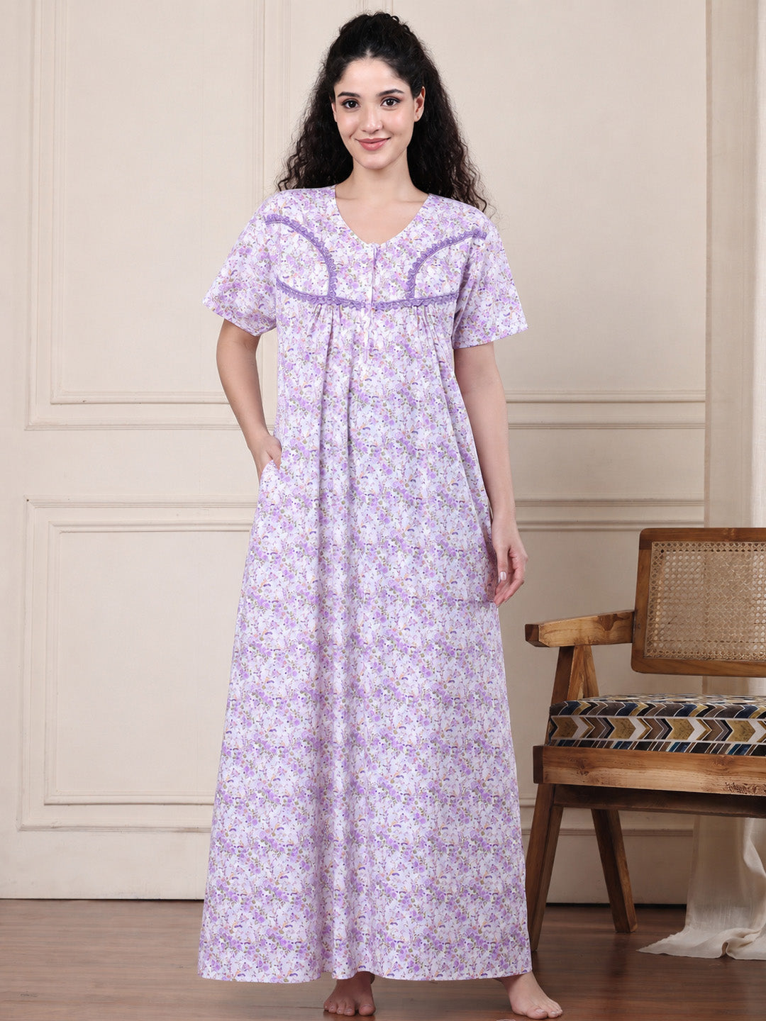 Lavender Floral Pure Cotton Nighty