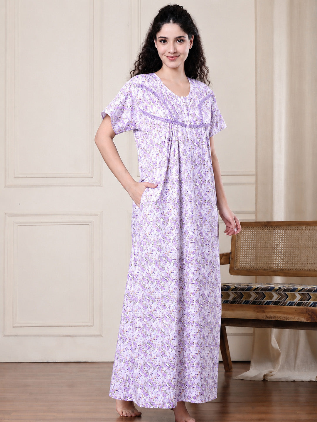 Lavender Floral Pure Cotton Nighty