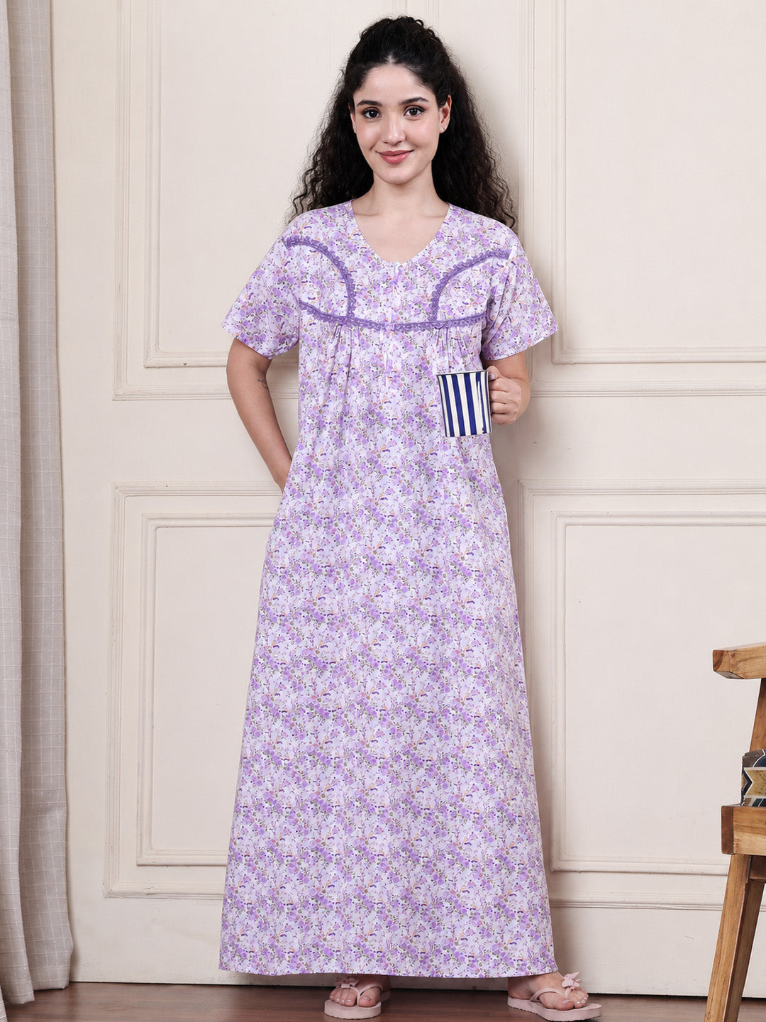 Lavender Floral Pure Cotton Nighty