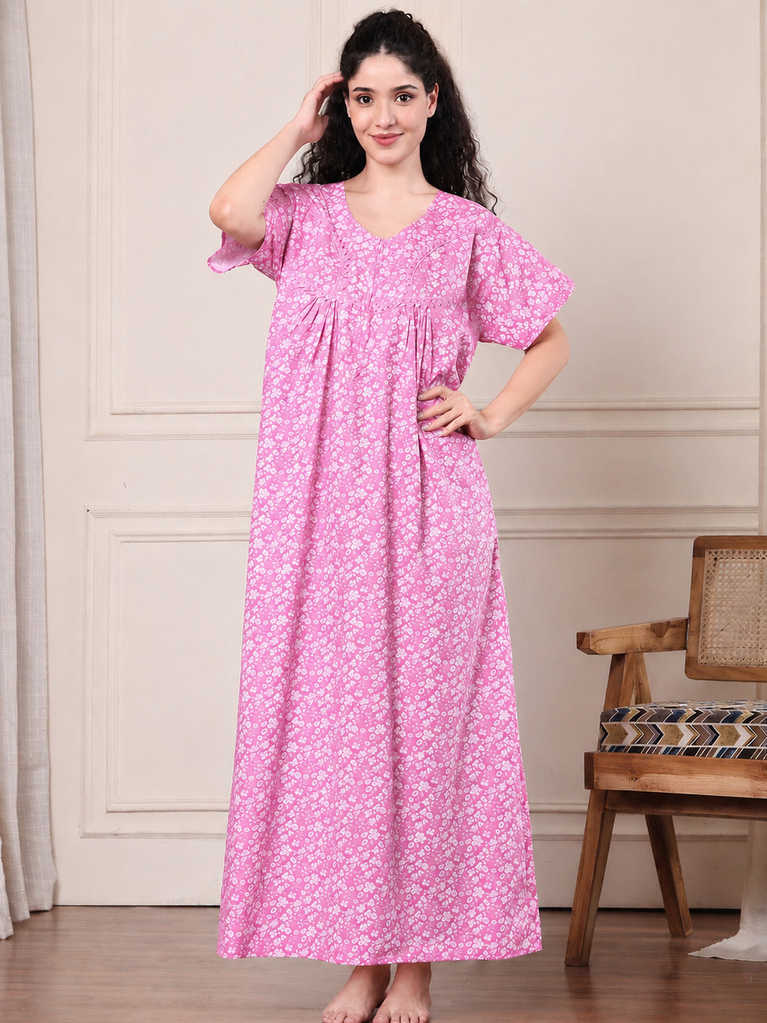 Pink Floral Pure Cotton Nighty