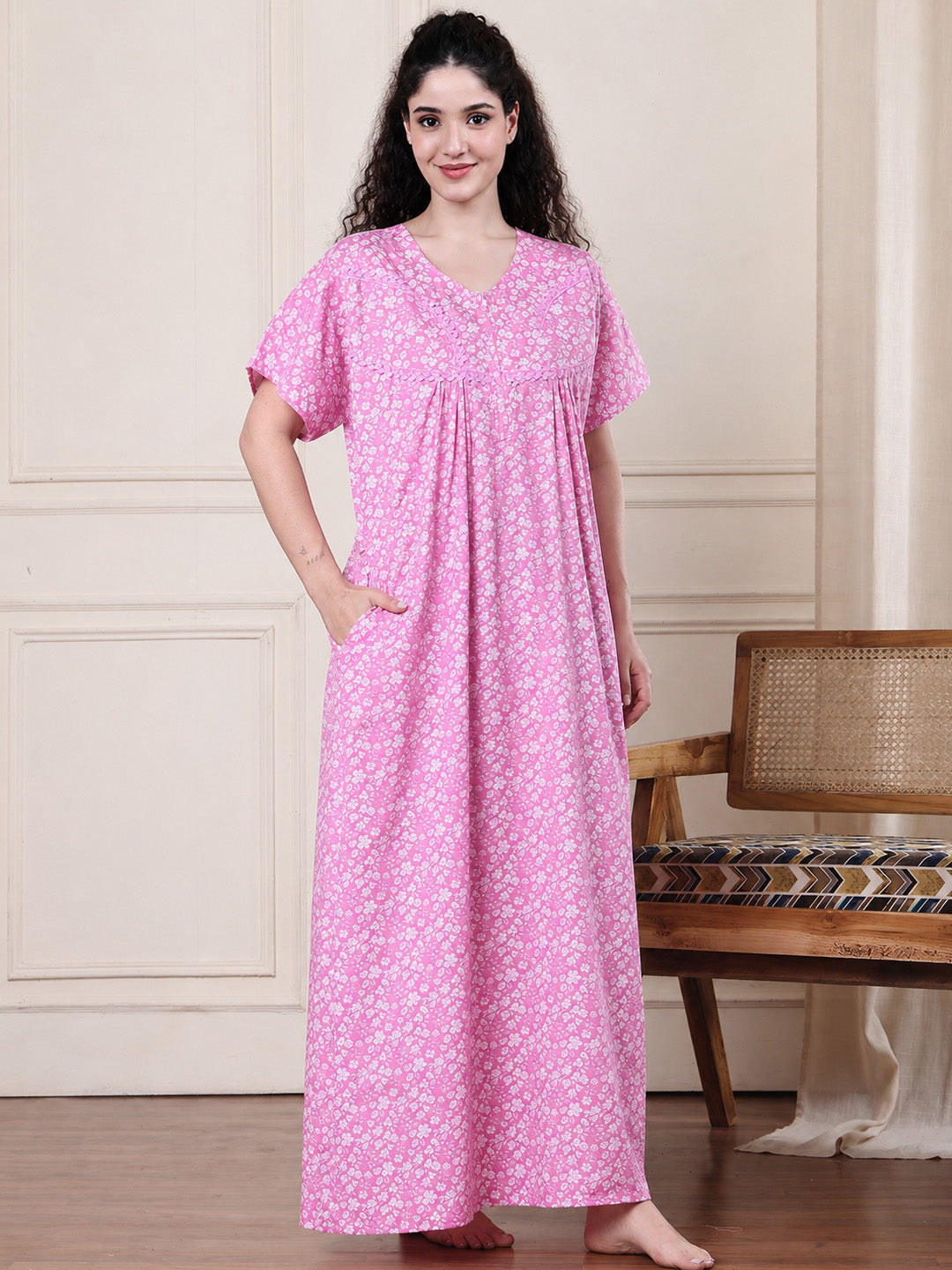 Pink Floral Pure Cotton Nighty