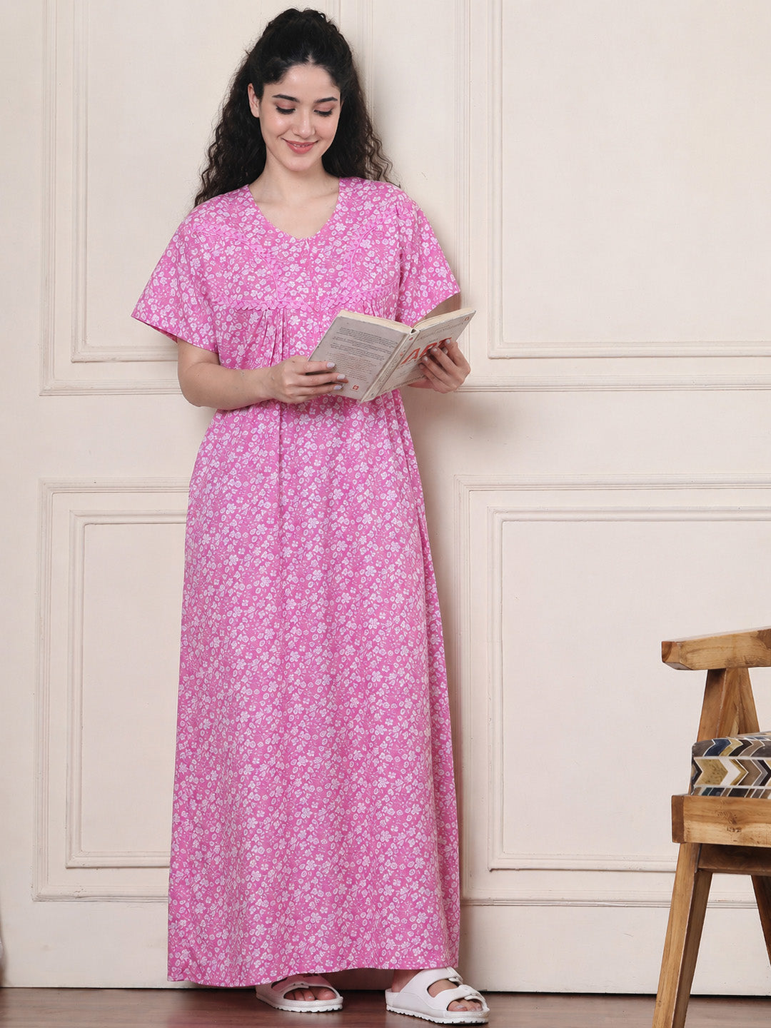 Pink Floral Pure Cotton Nighty