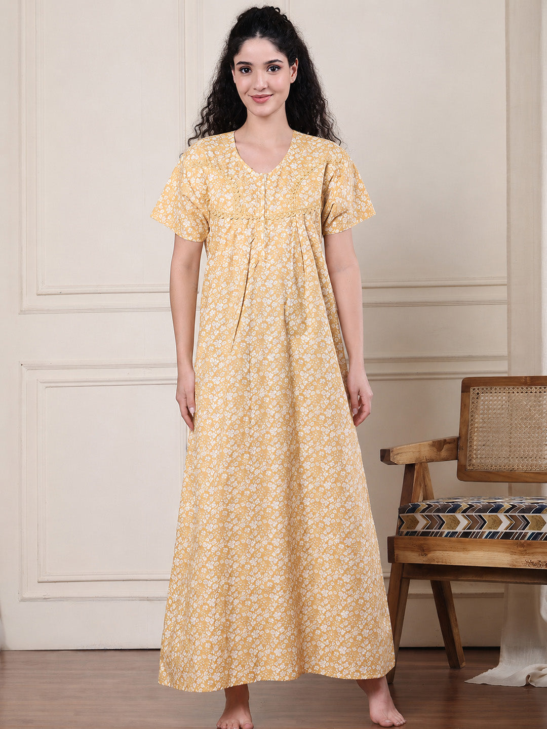 Yellow Floral Pure Cotton Nighty
