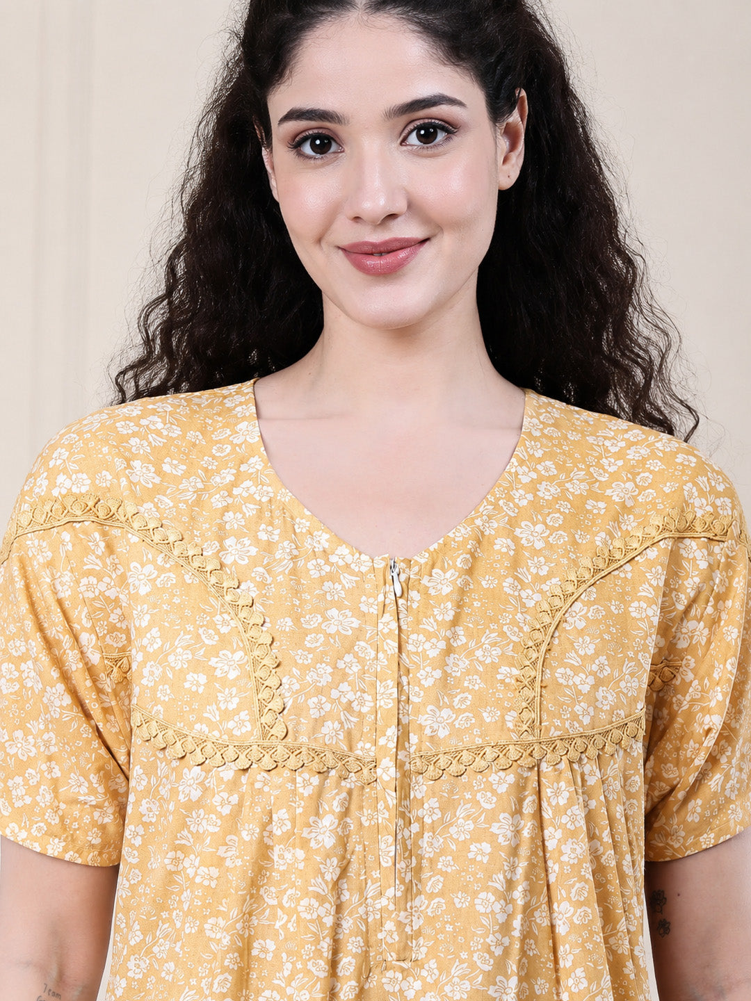 Yellow Floral Pure Cotton Nighty