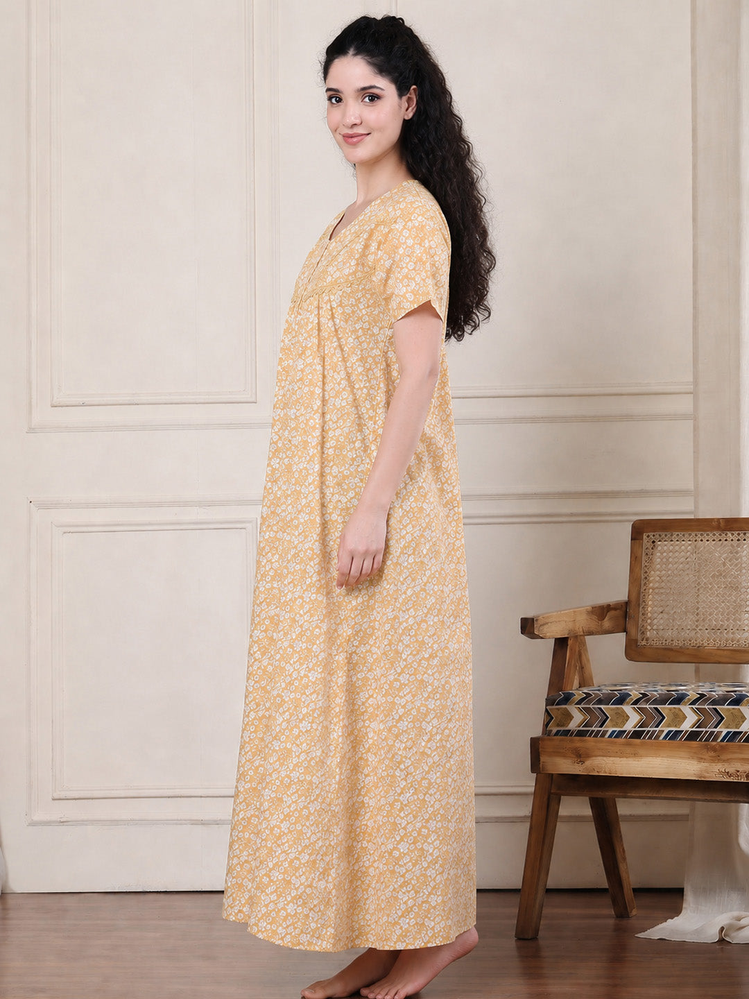 Yellow Floral Pure Cotton Nighty