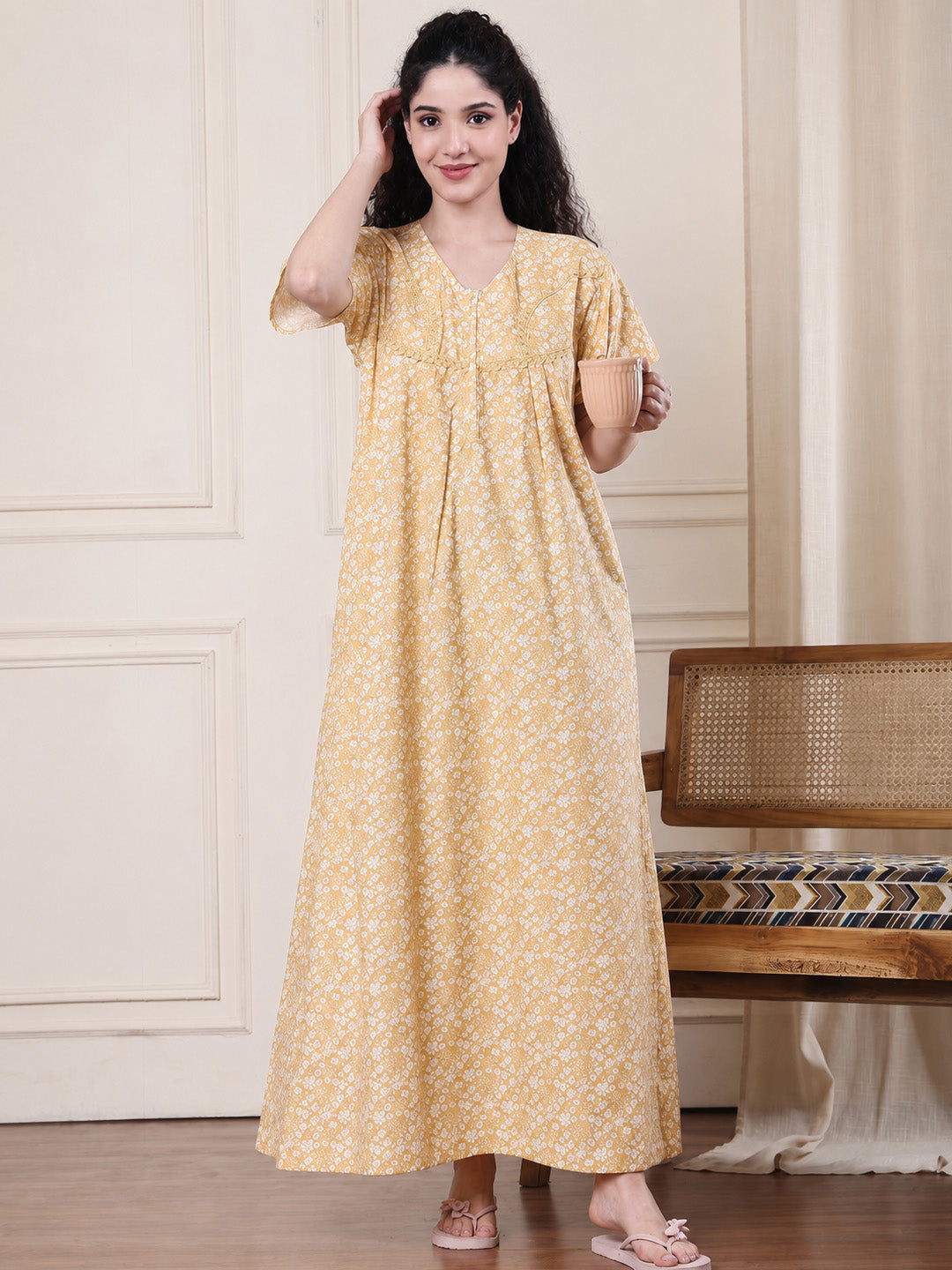 Yellow Floral Pure Cotton Nighty