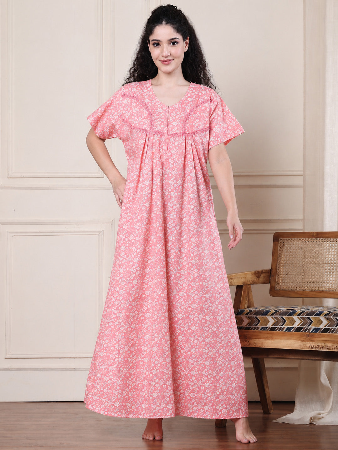 Peach Floral Pure Cotton Nighty