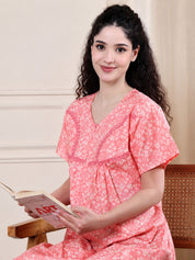 Peach Floral Pure Cotton Nighty