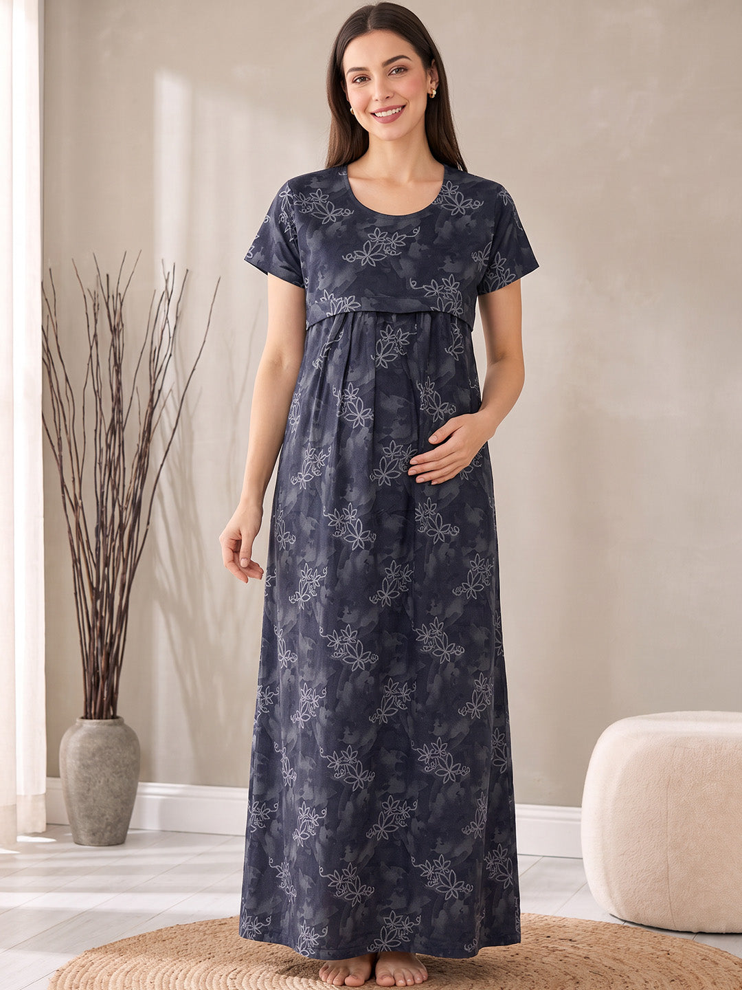Deep Blue Floral  Cotton Maternity Nighty