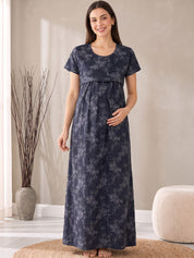Deep Blue Floral  Cotton Maternity Nighty