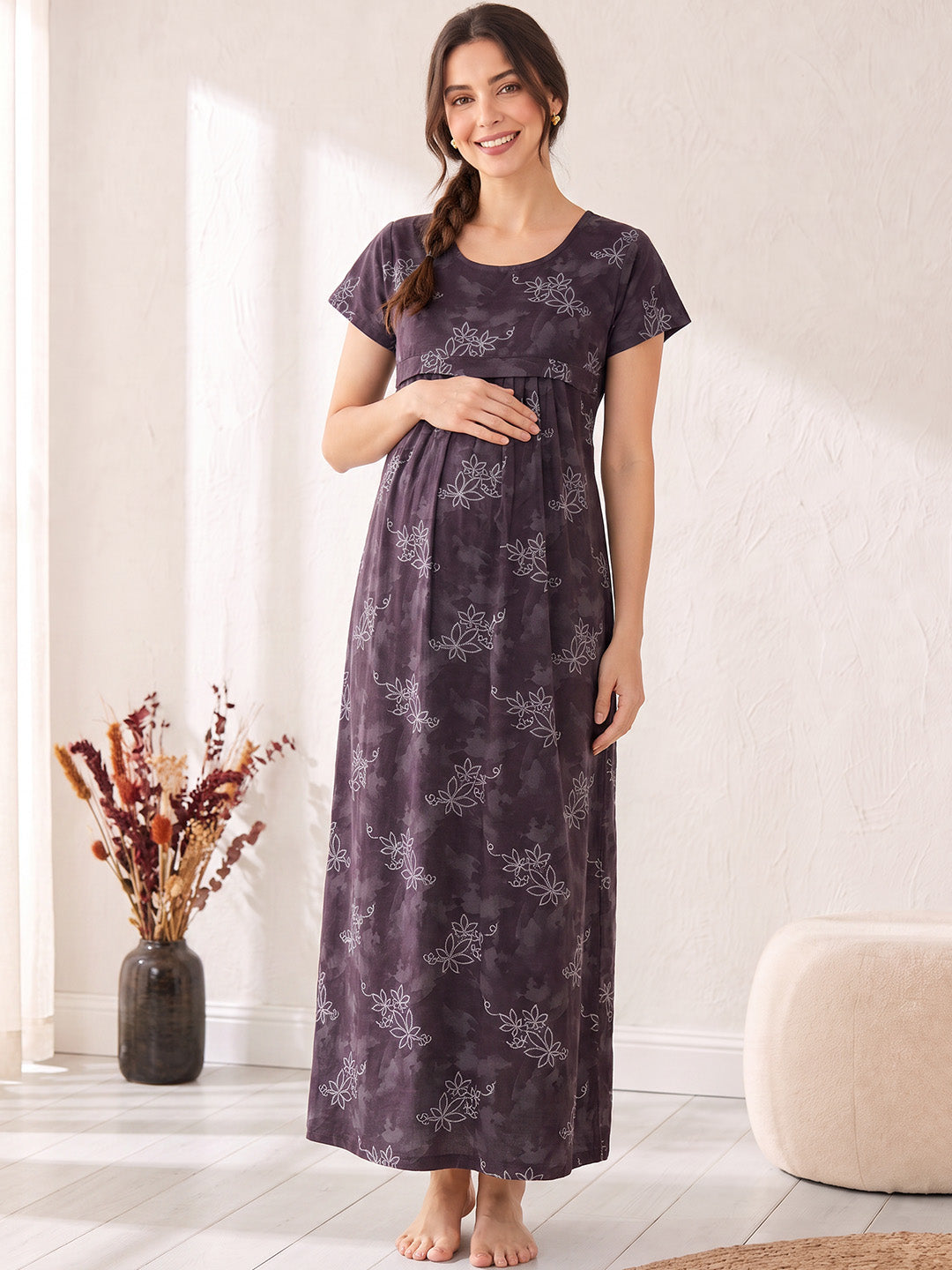 Mauve Purple Floral  Cotton Maternity Nighty