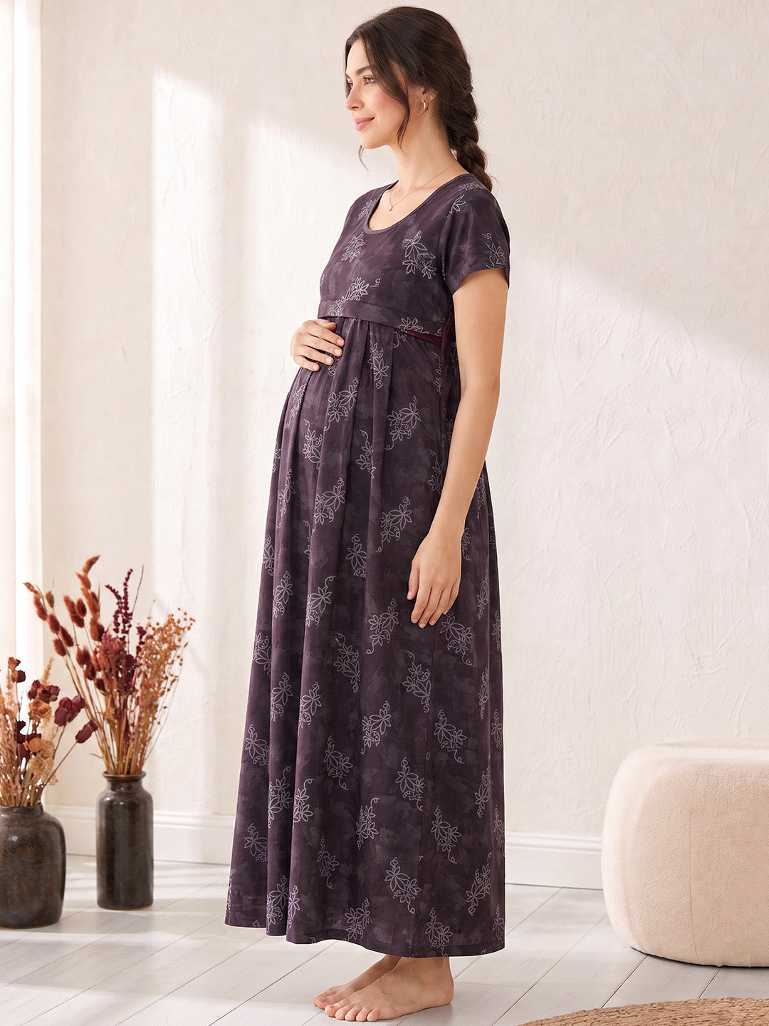 Mauve Purple Floral  Cotton Maternity Nighty