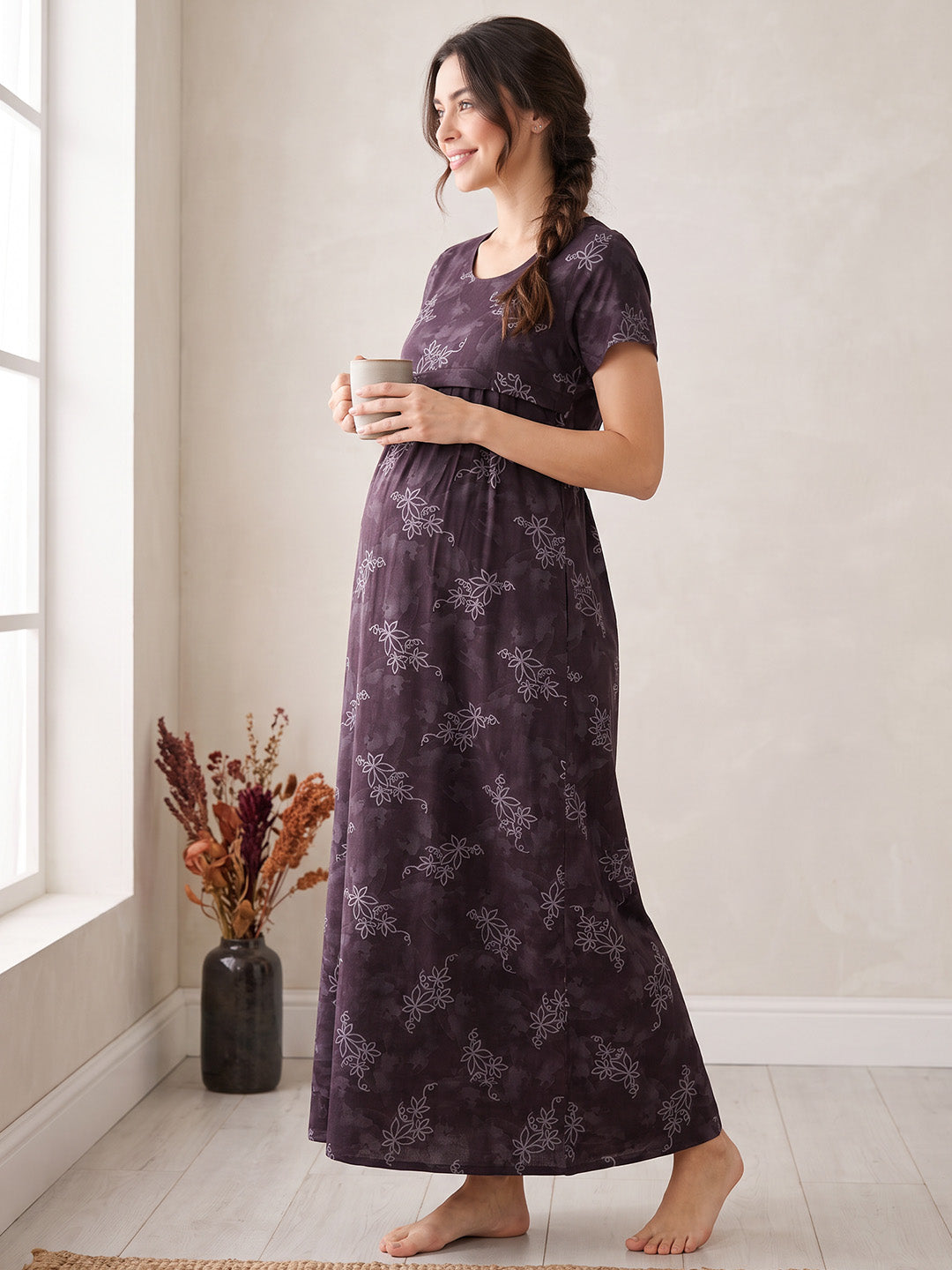 Mauve Purple Floral  Cotton Maternity Nighty