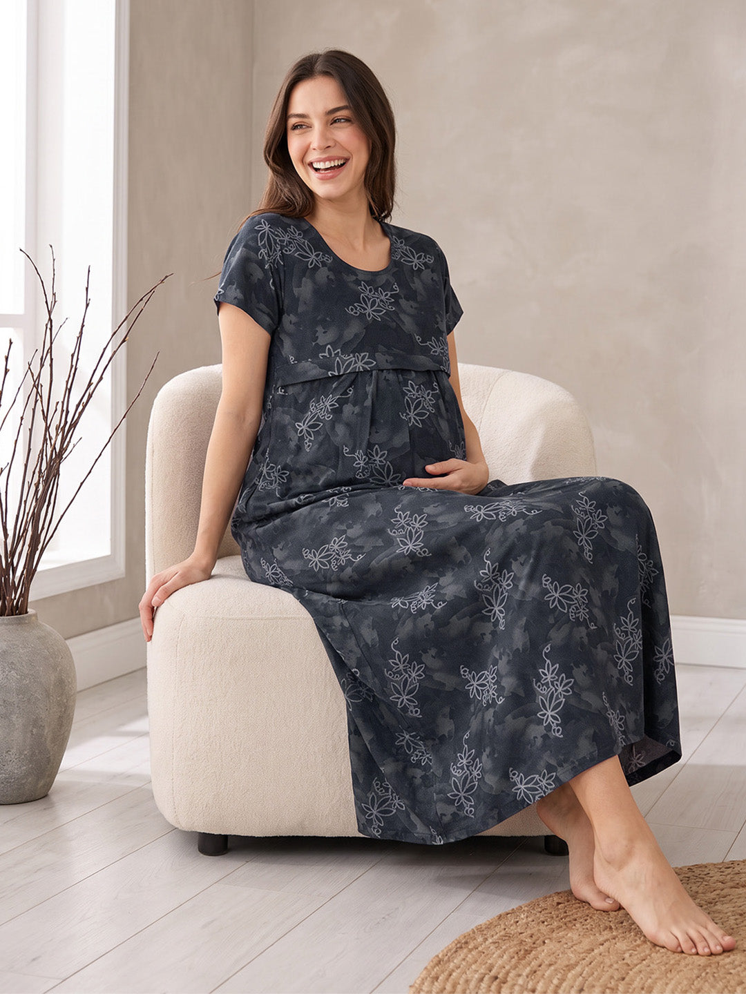 Teal Blue Floral Cotton Maternity Nighty