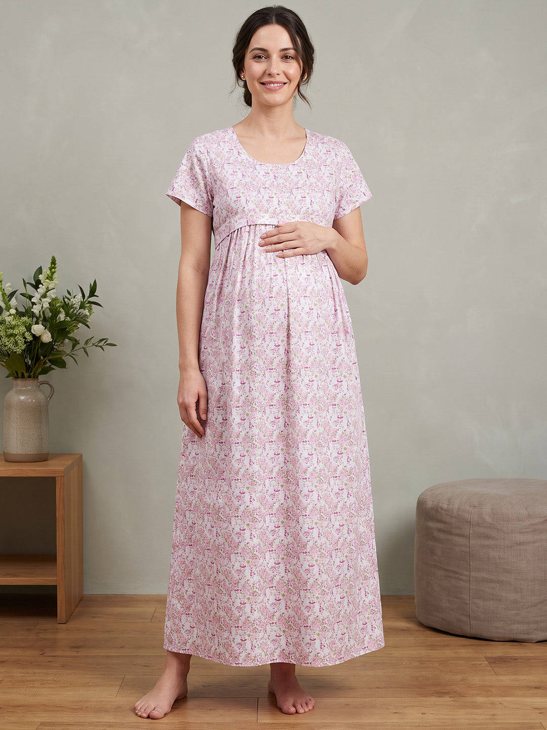 Pink Floral Cotton Maternity Nighty
