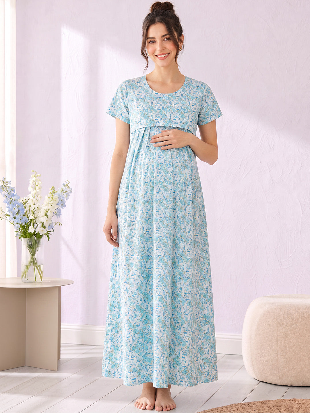 Blue Floral Cotton Maternity Nighty