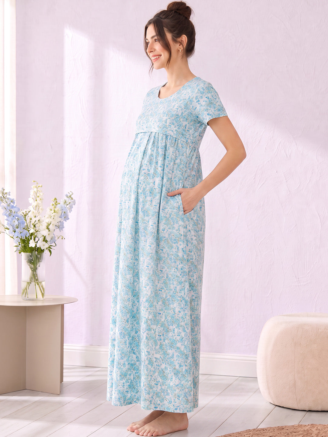 Blue Floral Cotton Maternity Nighty