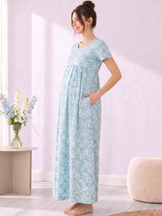 Blue Floral Cotton Maternity Nighty