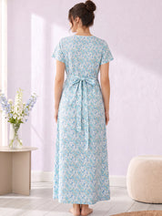 Blue Floral Cotton Maternity Nighty