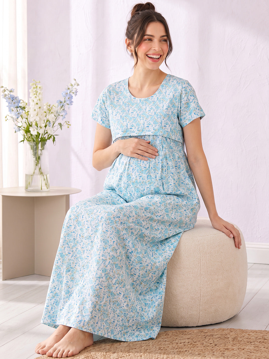 Blue Floral Cotton Maternity Nighty