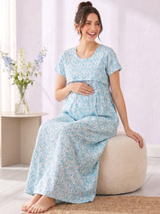 Blue Floral Cotton Maternity Nighty